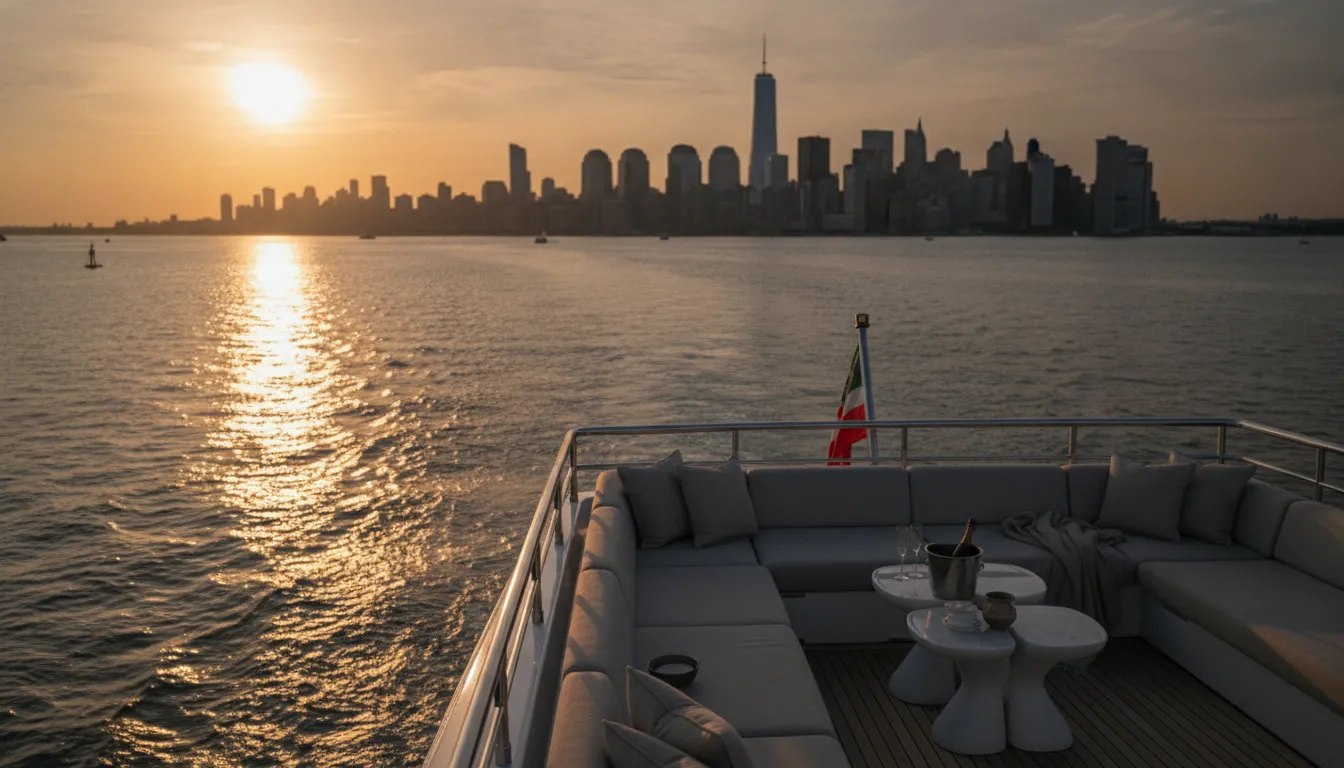 Private luxury yacht cruising toward Sandy Hook Bay from Manhattan at golden hour