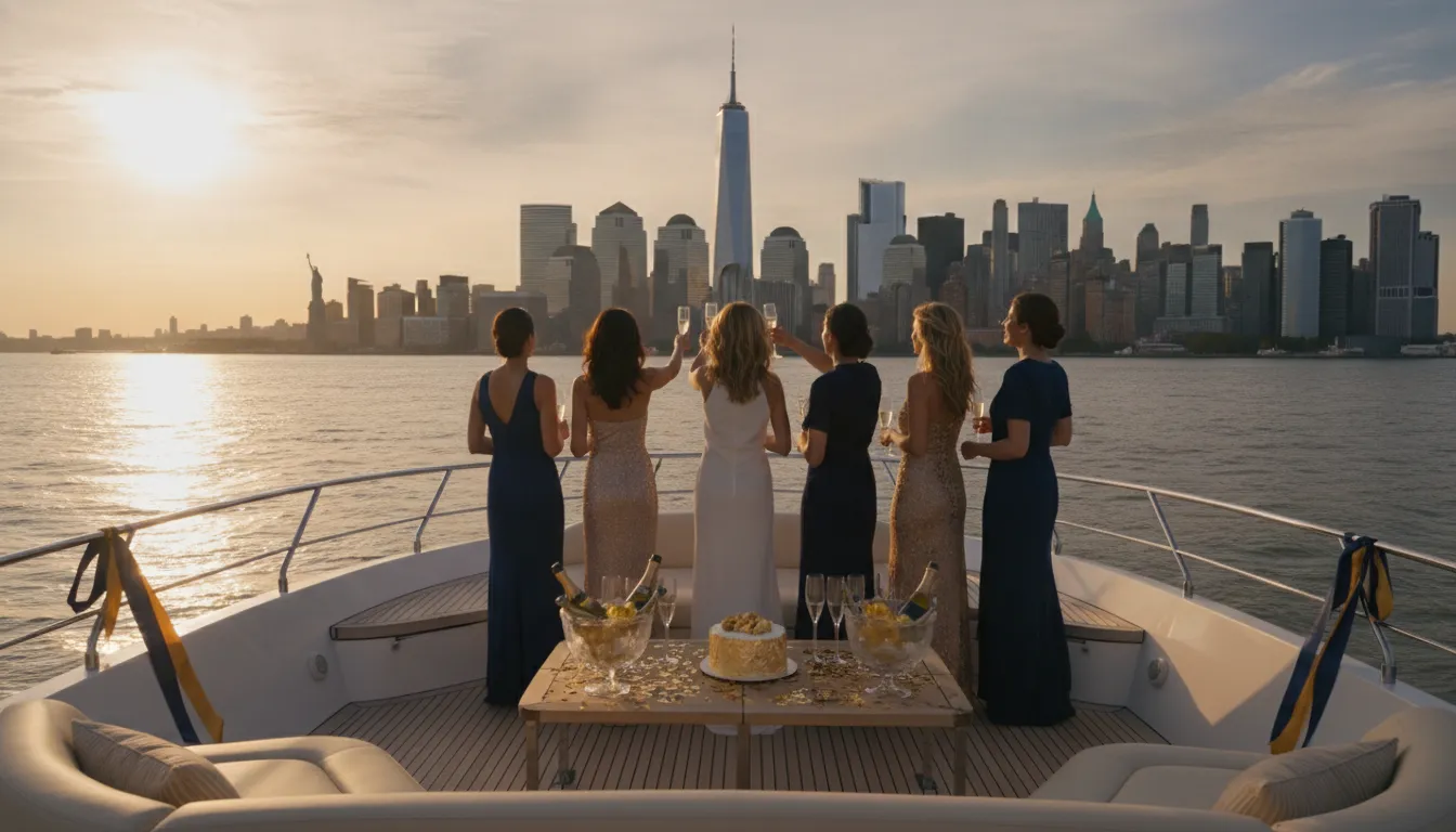 Friends celebrating a bachelorette event aboard a private yacht on New York Harbor at sunset
