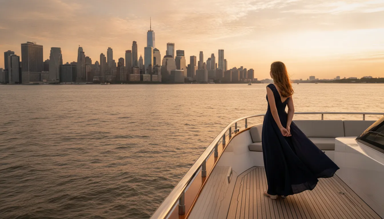 Private yacht Sweet 16 celebration on New York Harbor at golden hour
