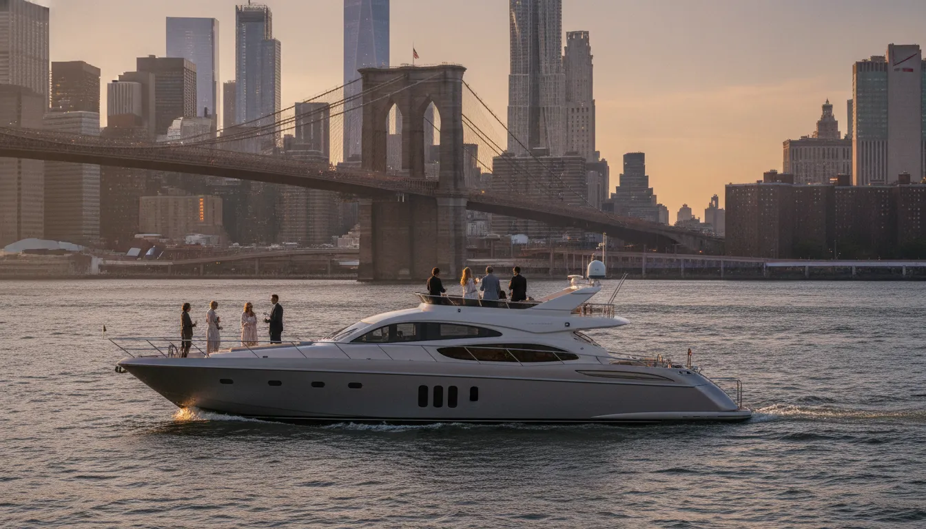 Private yacht cruising New York Harbor near the Brooklyn skyline
