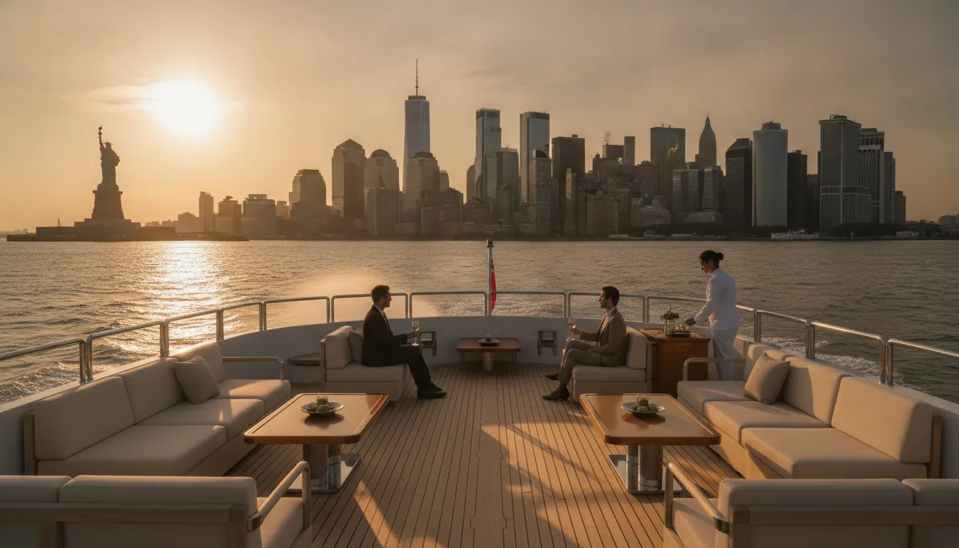 Private luxury yacht cruising New York Harbor at sunset near the Manhattan skyline