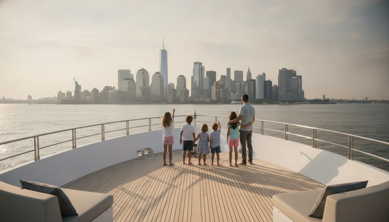 Parents and children viewing the Manhattan skyline from a private yacht on the Hudson River
