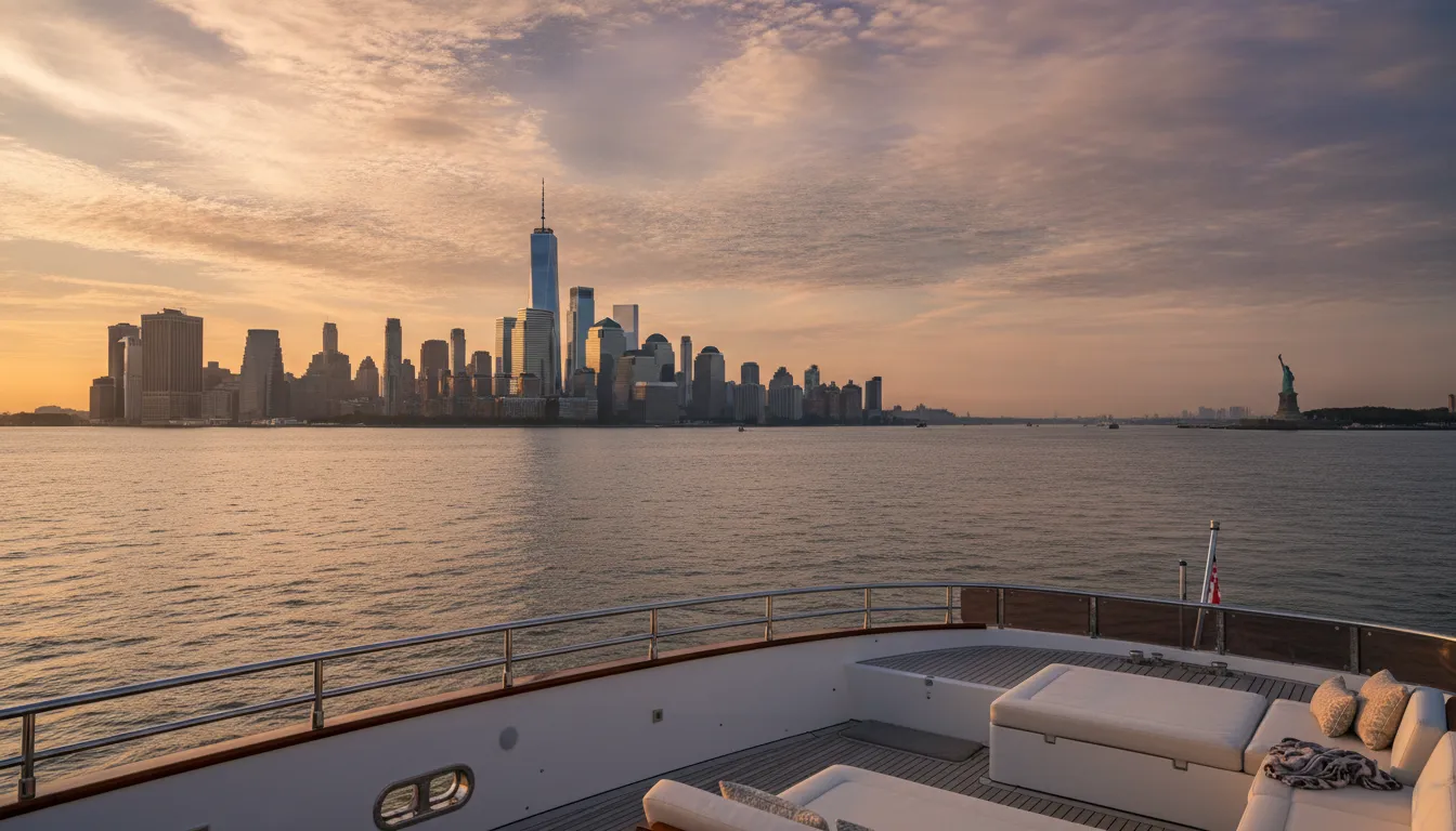 Manhattan skyline and Statue of Liberty views from a kids boat party NYC charter