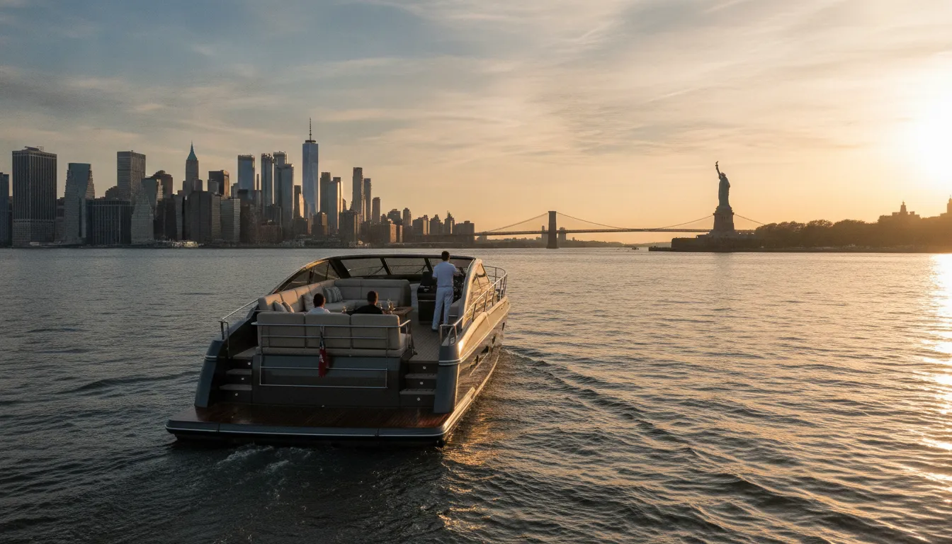 Private luxury yacht cruising New York Harbor at golden hour with the Manhattan skyline, Brooklyn Bridge, and Statue of Liberty