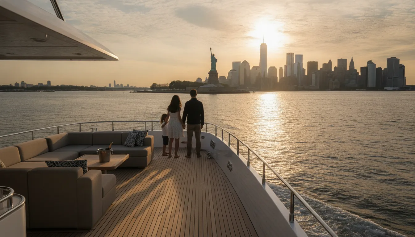 Private luxury yacht cruising the Hudson River near Manhattan with family silhouettes and the NYC skyline
