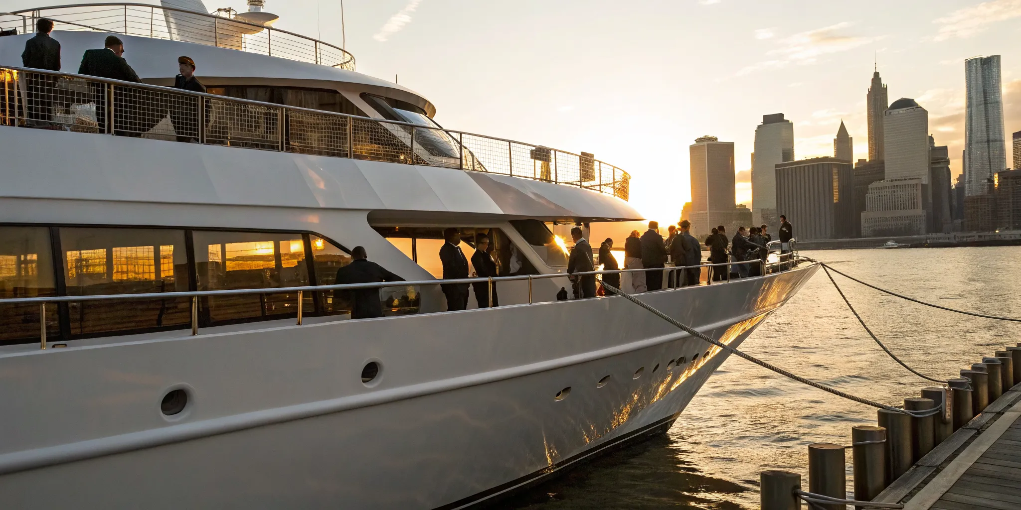 Large group boarding a boat rental in NYC with the city skyline at sunset.