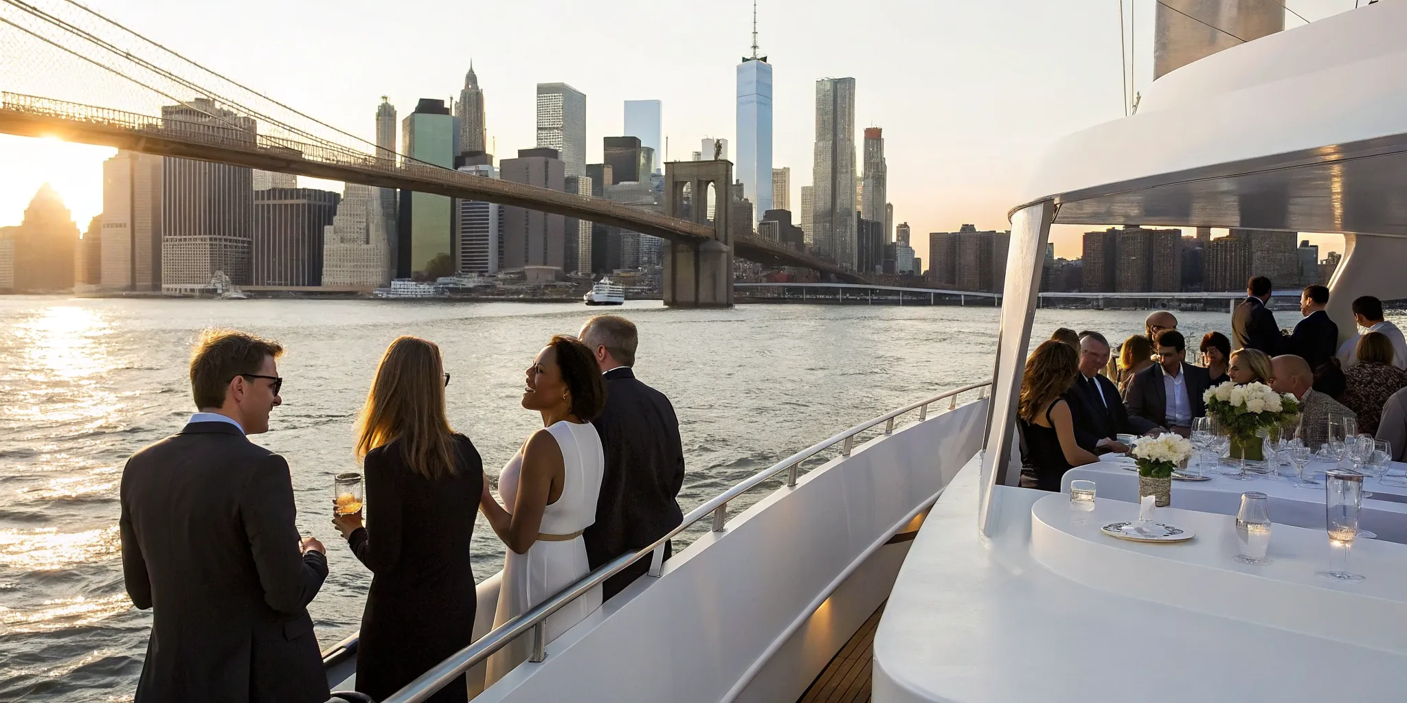 Corporate NYC boat party for employees by the Brooklyn Bridge at sunset.
