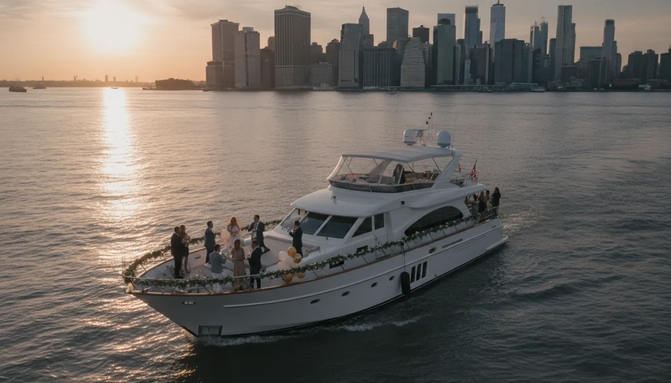 Private luxury yacht birthday celebration near the Manhattan skyline at golden hour