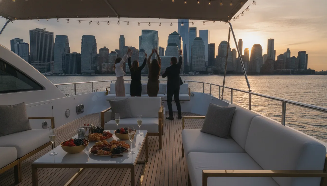 Luxury yacht birthday dinner cruise NYC route near the Manhattan skyline