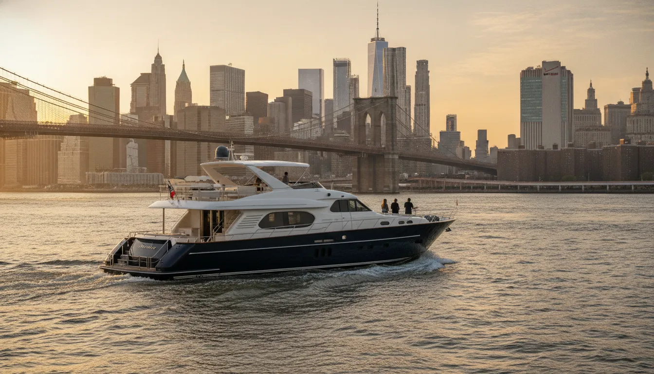 Private yacht near the Brooklyn Bridge on the Hudson River
