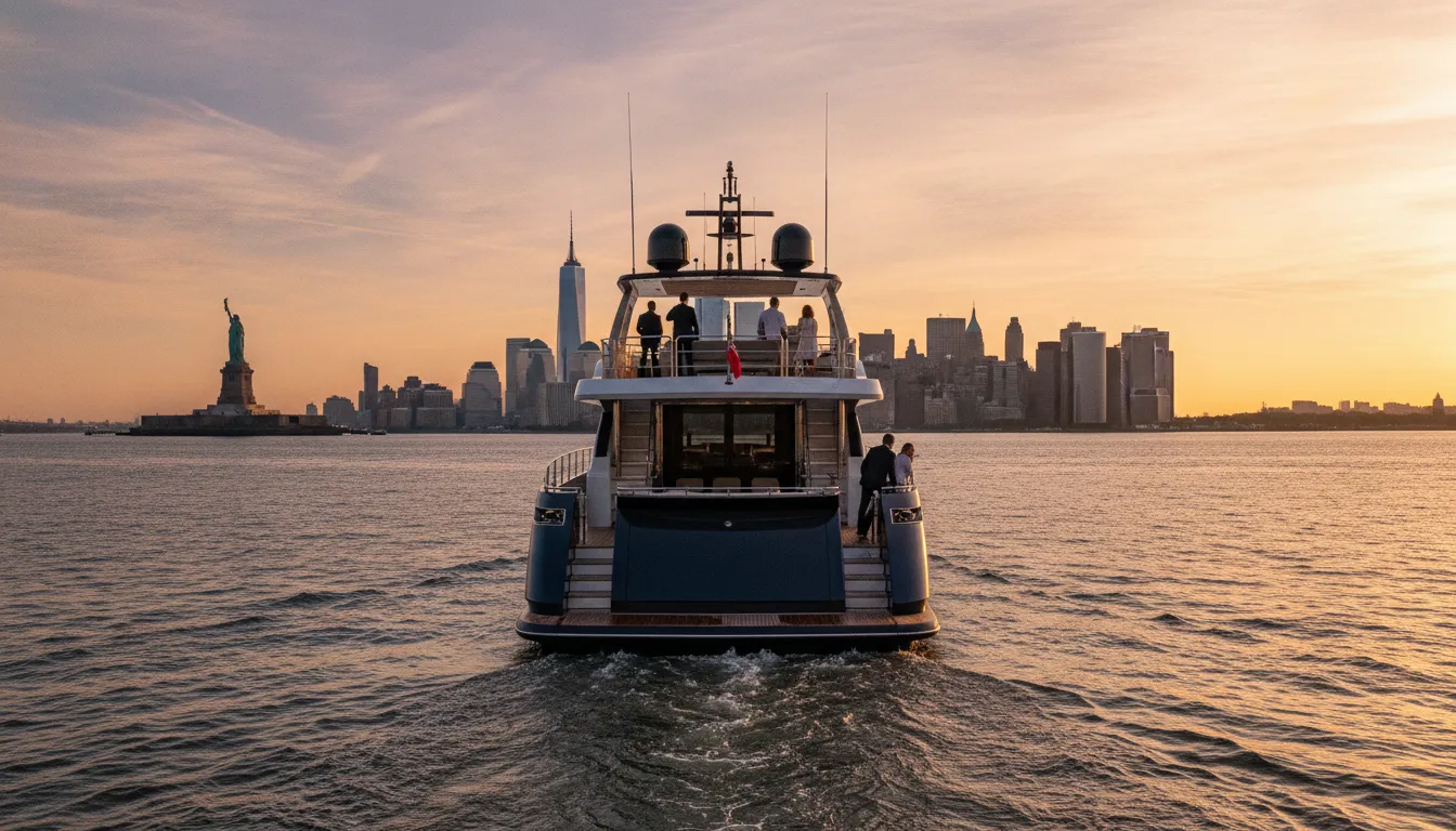 Private yacht charter crossing New York Harbor with the Manhattan skyline and Statue of Liberty
