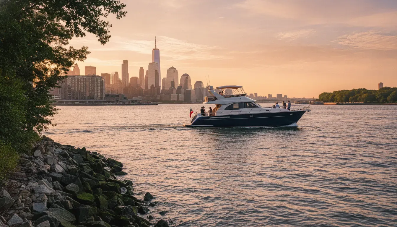 Private Hudson River cruises in NYC with a luxury yacht and Manhattan skyline at golden hour