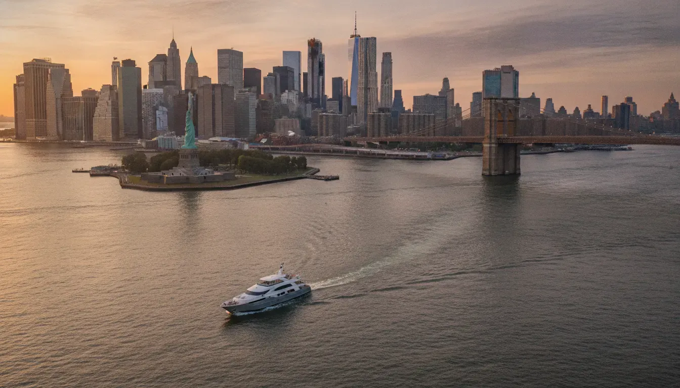 Private boat route past the Statue of Liberty and Brooklyn Bridge in New York Harbor
