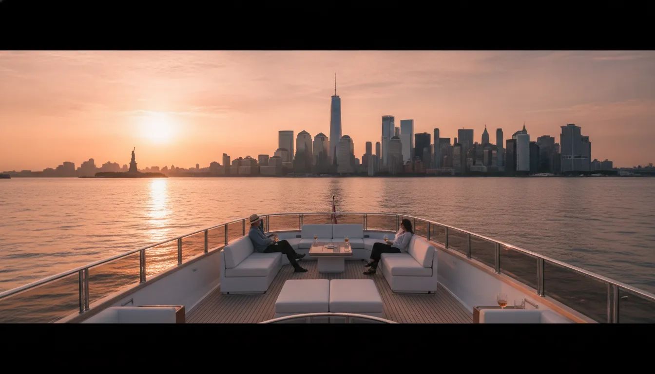 Private yacht cruising past the Manhattan skyline at sunset