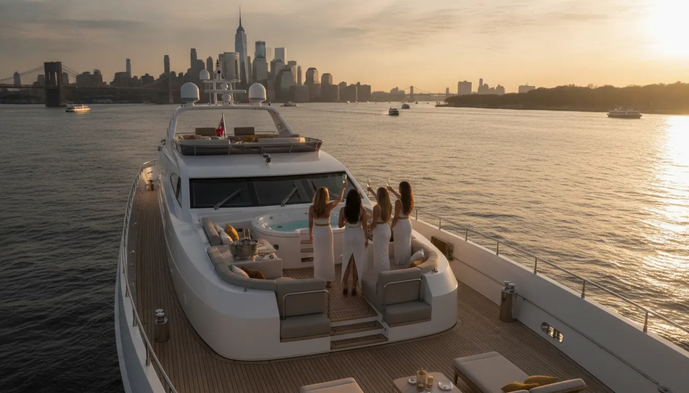 Private luxury yacht cruising the Hudson River near the Manhattan skyline at golden hour