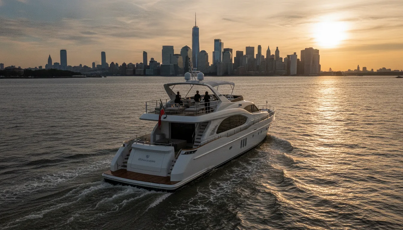 Private yacht cruising toward the Manhattan skyline at golden hour
