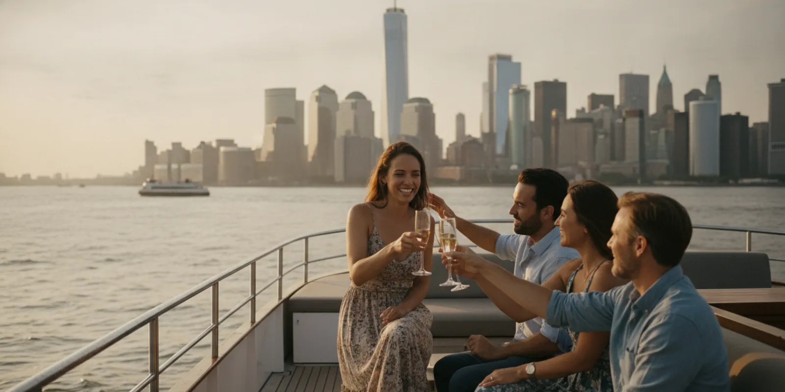 Guests enjoying a private small-group yacht charter on the Hudson River aboard a Big Apple Charters vessel