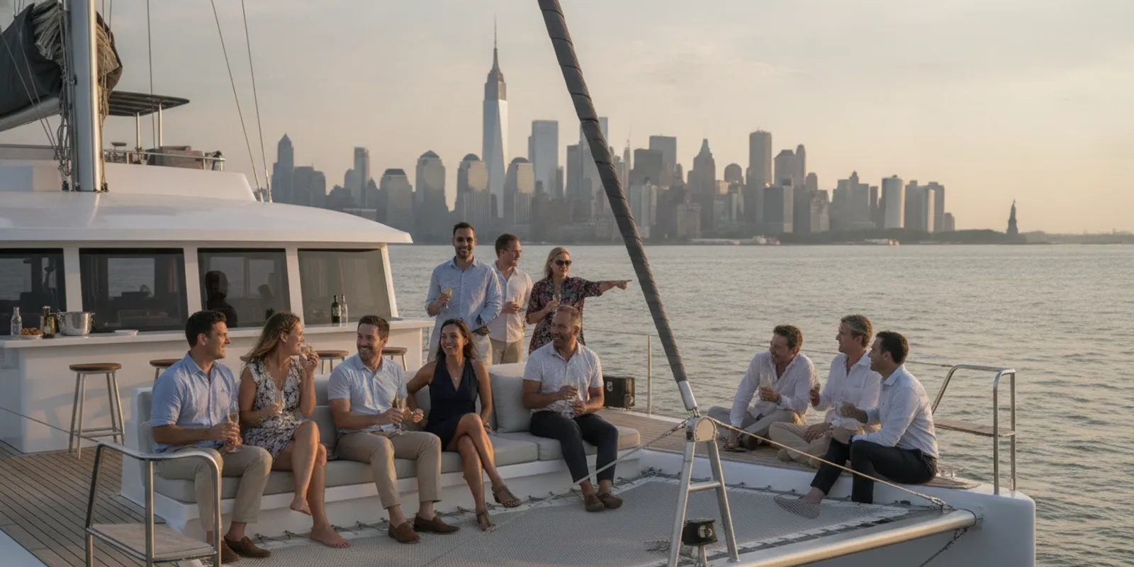 Guests enjoying a private yacht gathering on New York Harbor with the Manhattan skyline in view