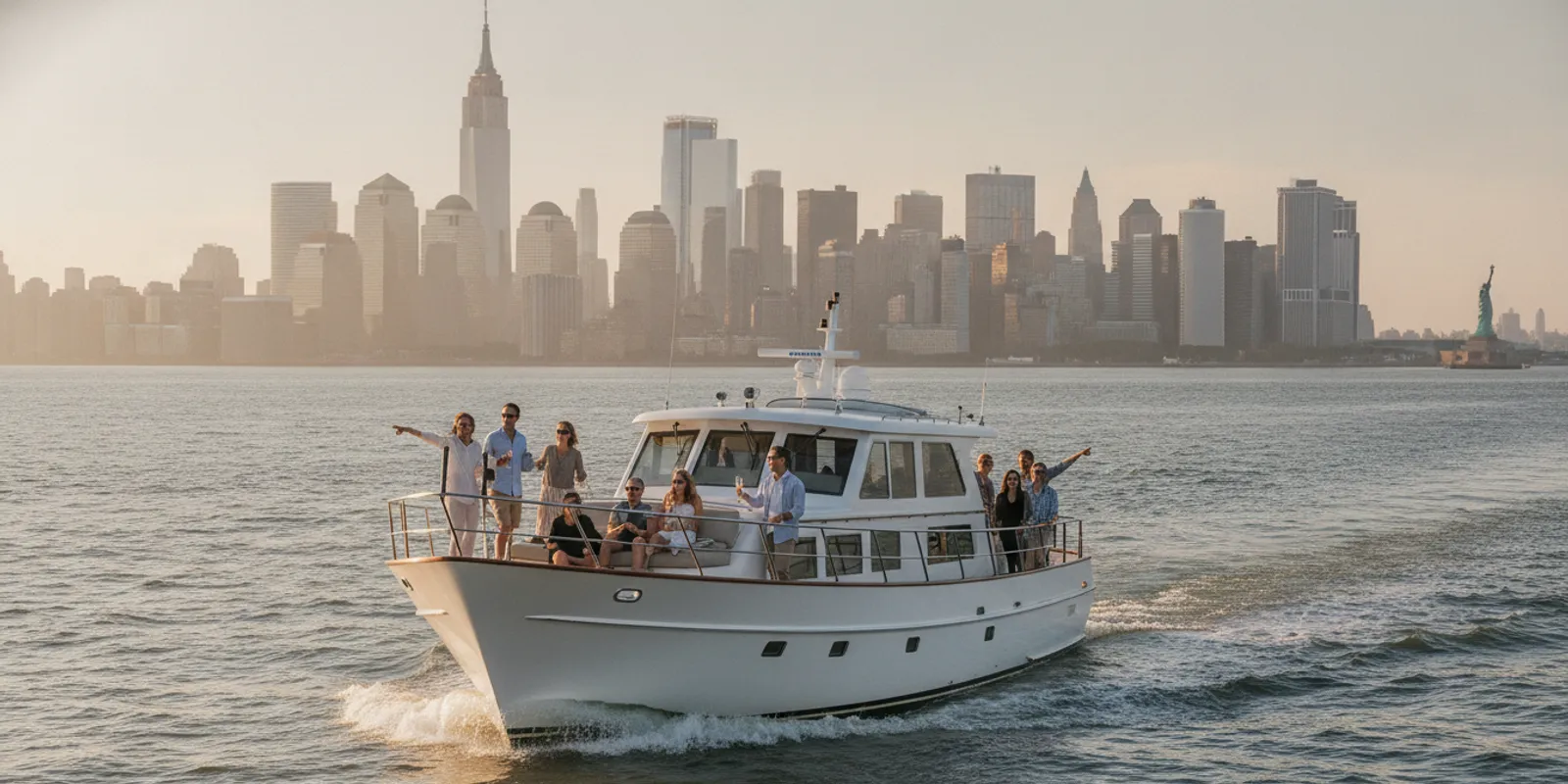 Big Apple Charters yacht underway on New York Harbor with Manhattan in the distance