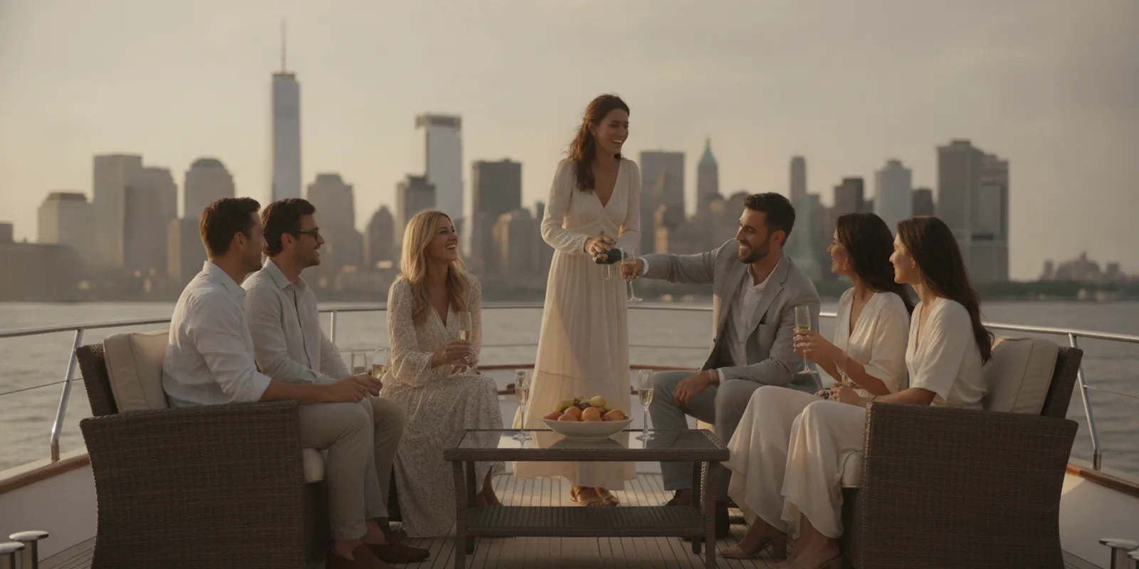 Guests enjoying a private yacht charter on New York Harbor with the Manhattan skyline in view