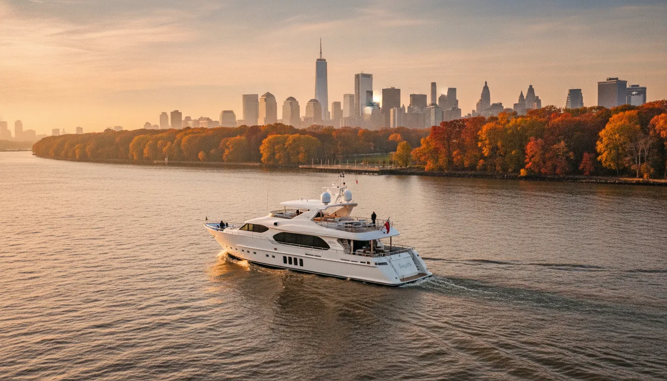 Private yacht cruising the Hudson River beside autumn foliage and the Manhattan skyline