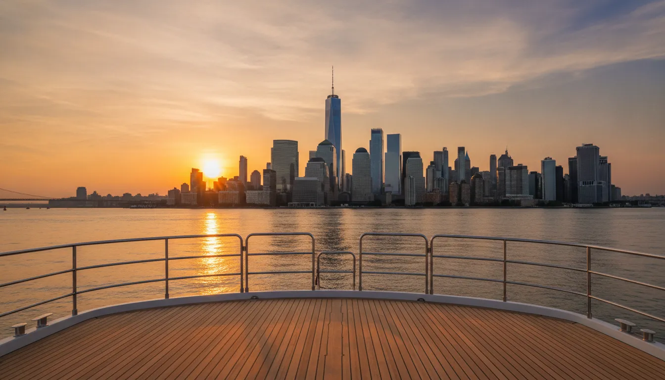 Empty yacht deck facing the Lower Manhattan skyline at sunset on New York Harbor