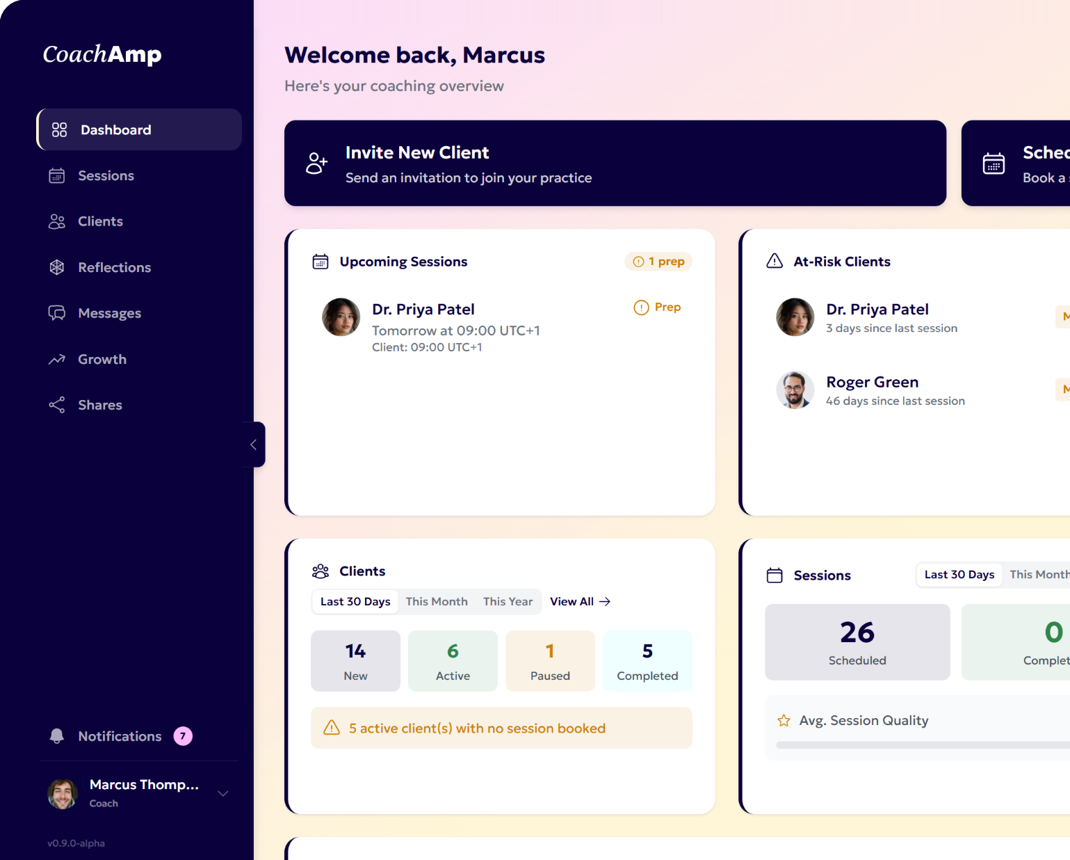 CoachAmp dashboard showing coaching overview for Marcus with sections for inviting new clients, upcoming sessions, at-risk clients, client statistics, and session statistics.