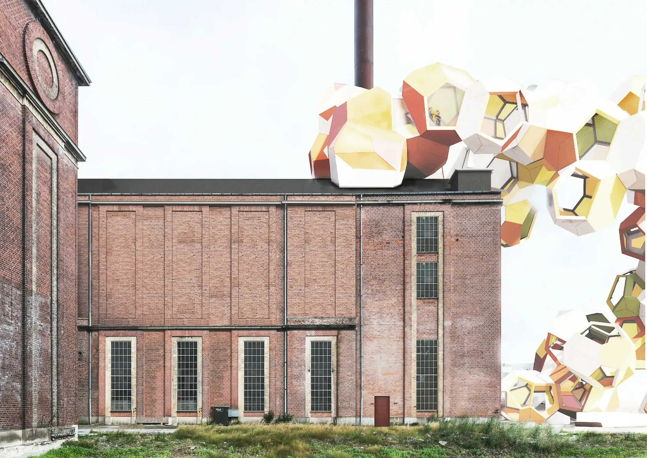 Kunsthal Spritten set udefra med skulptur af Tomas Saraceno. Visualisering: Praksis Arkitekter