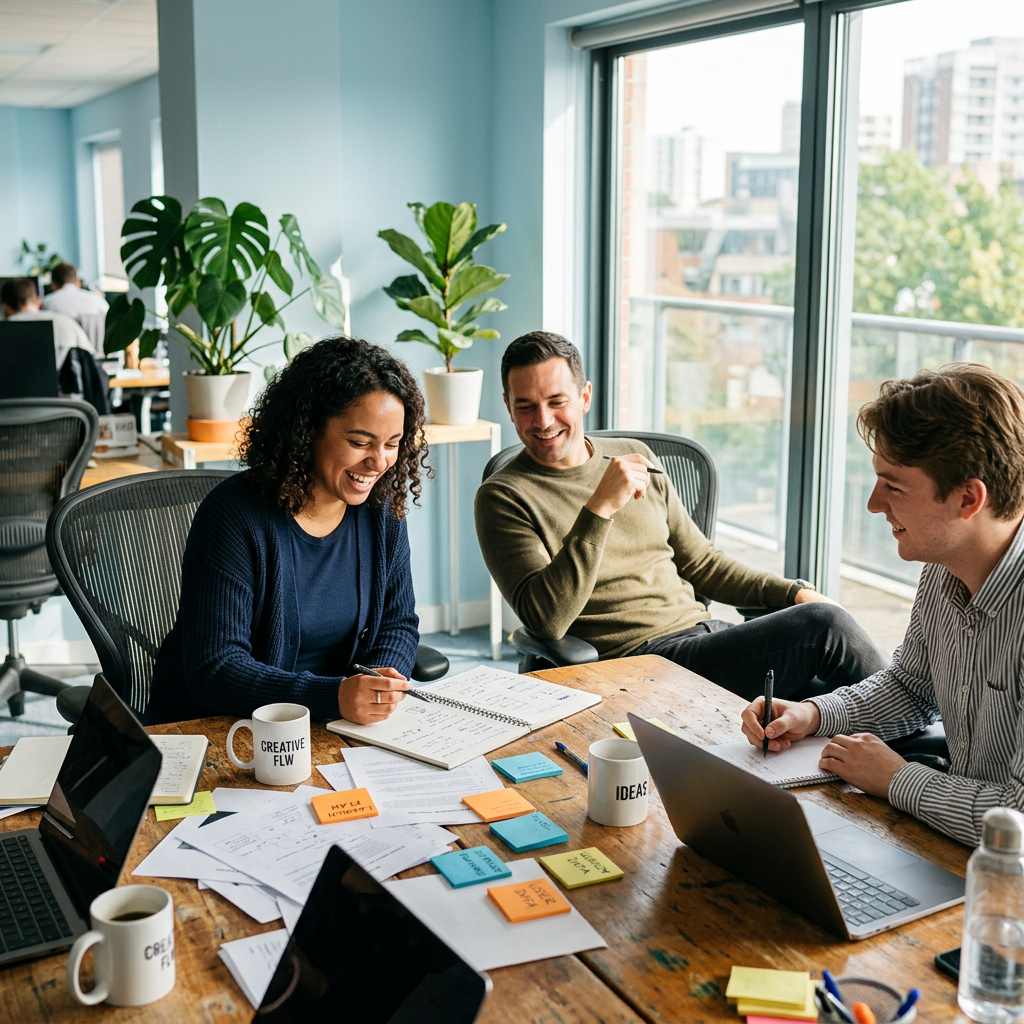 Small team laughing over scattered work at wooden table