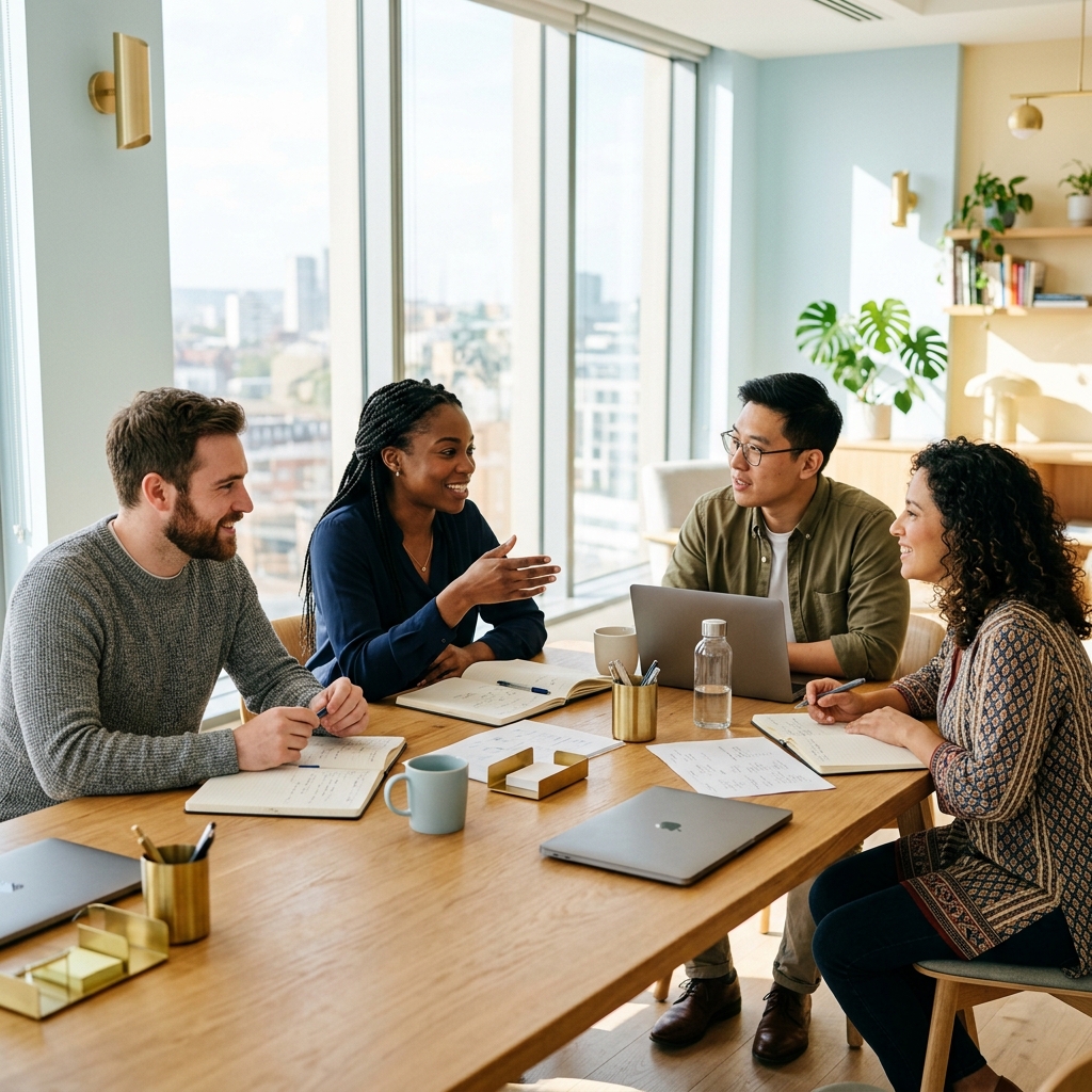 Small team collaborating around a table with laptops