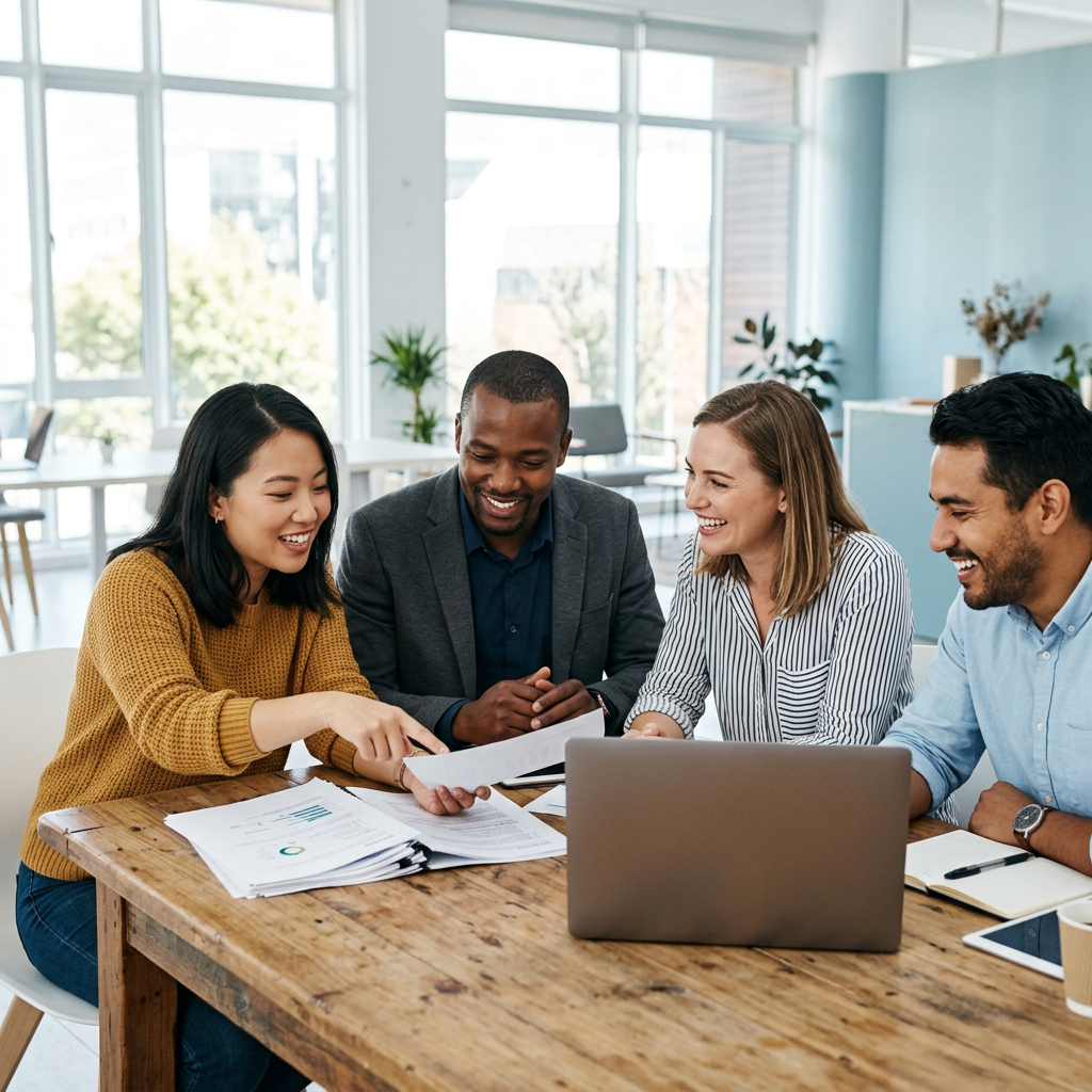 Team collaborating around documents in bright office