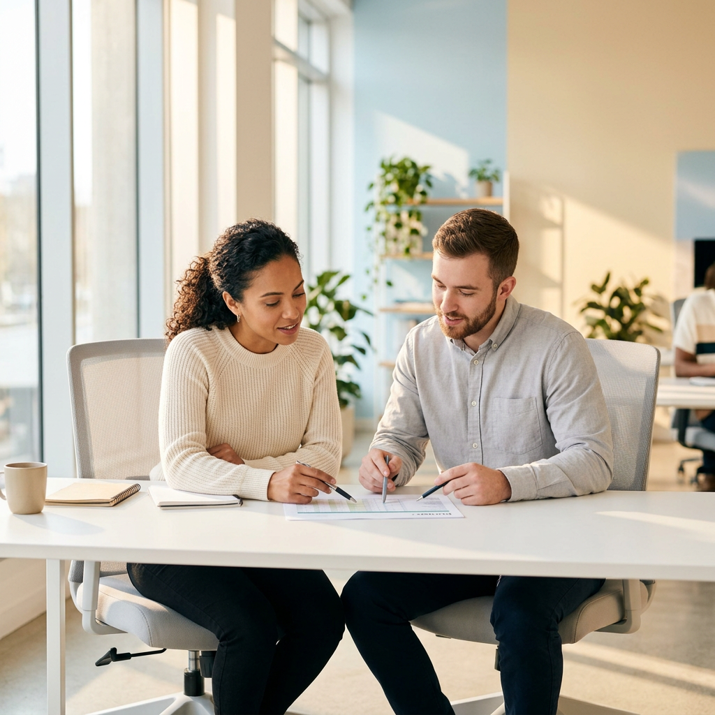 Two team leaders reviewing HR budget together