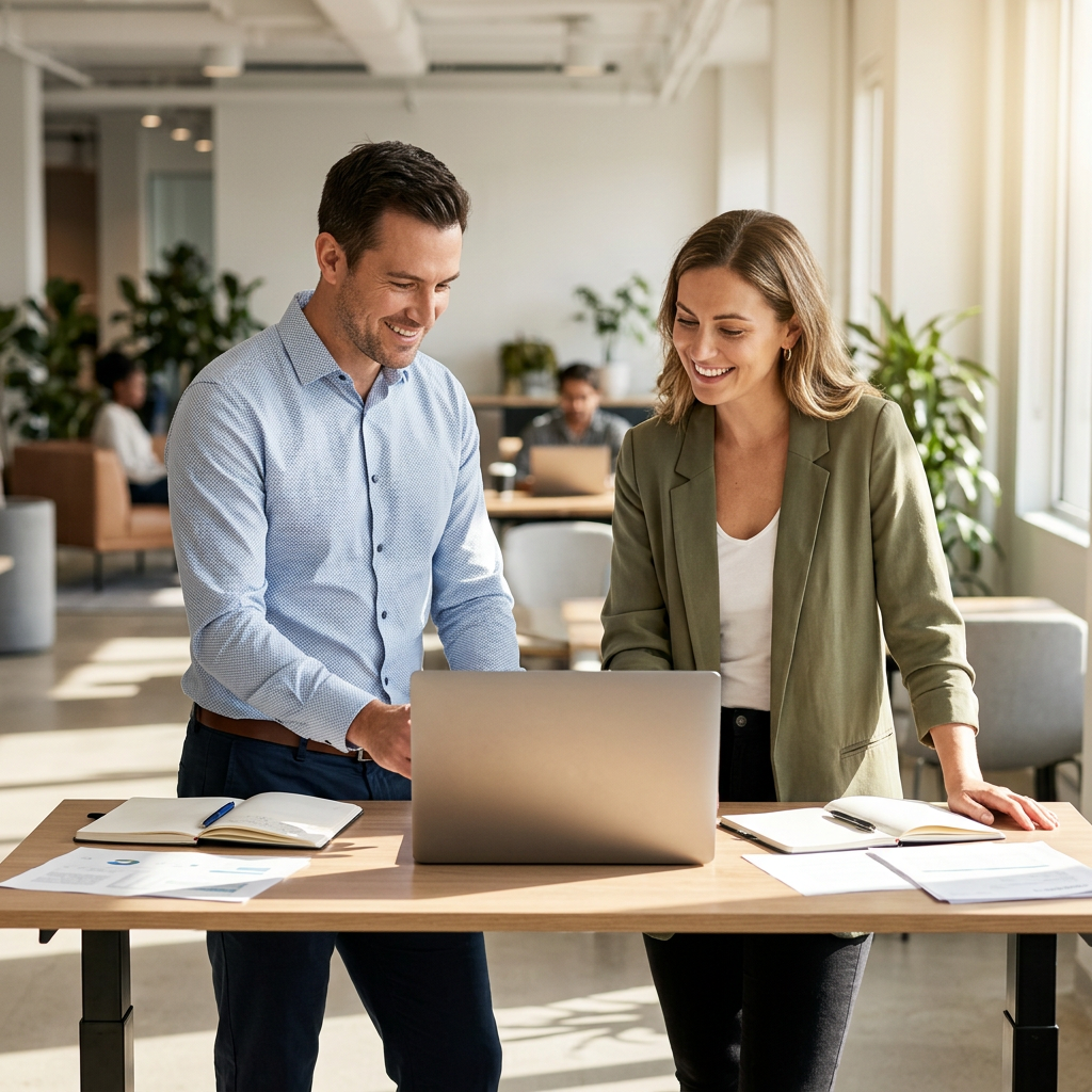 Founder and ops lead collaborating at standing desk
