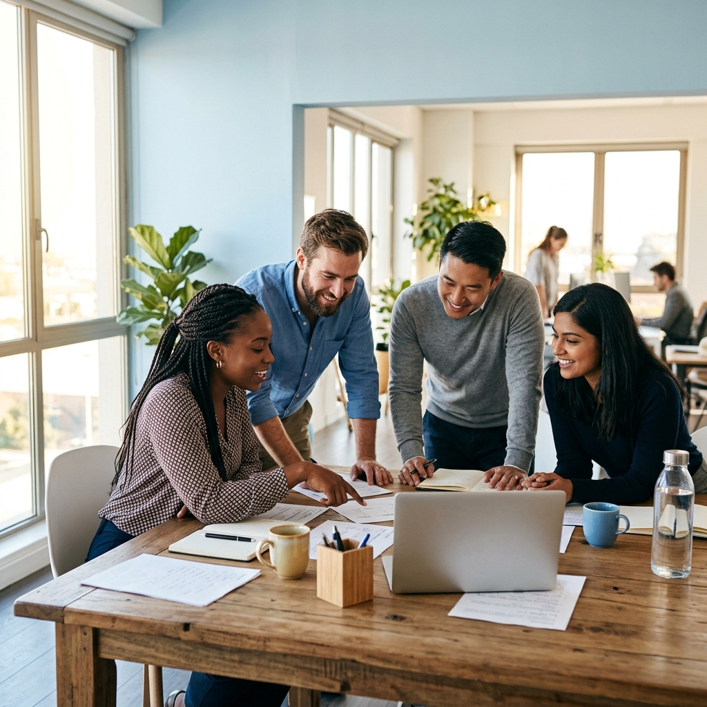 Team collaborating around table in bright office