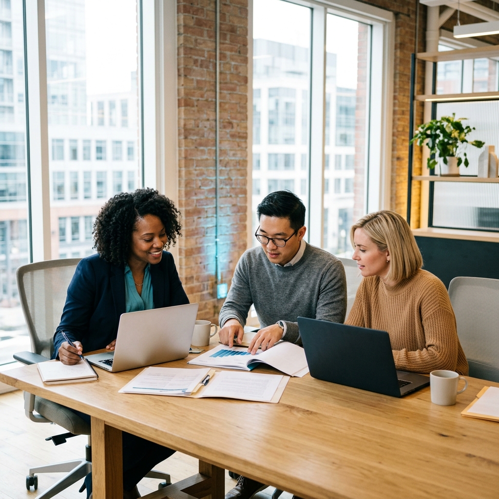 Three professionals reviewing HR options together