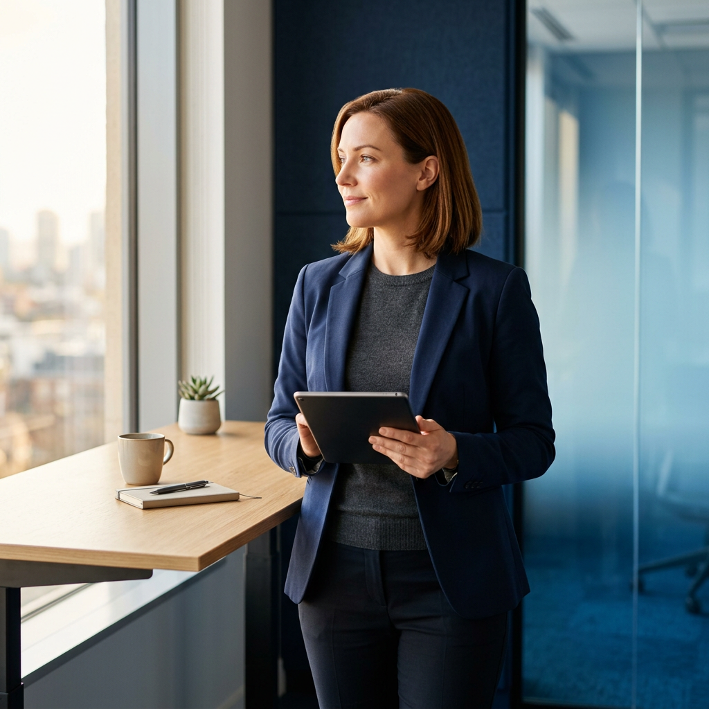 Operations lead at standing desk with confident posture