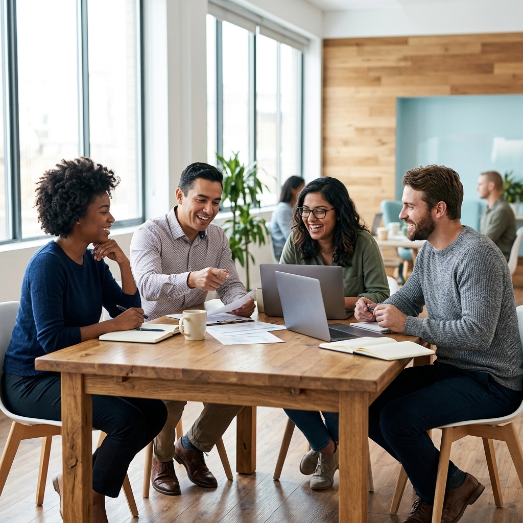 Team collaborating together at table in bright office