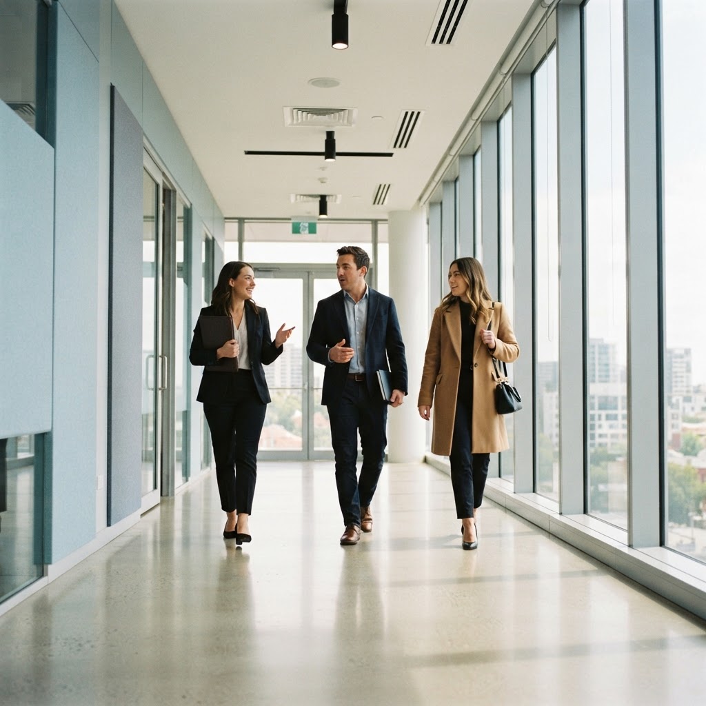 A team walking together in a bright modern workspace