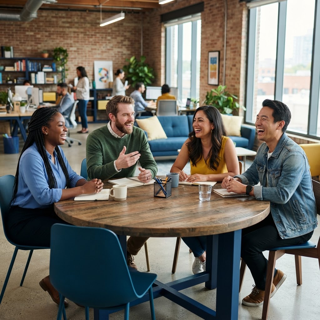 Diverse team laughing and collaborating in an open office