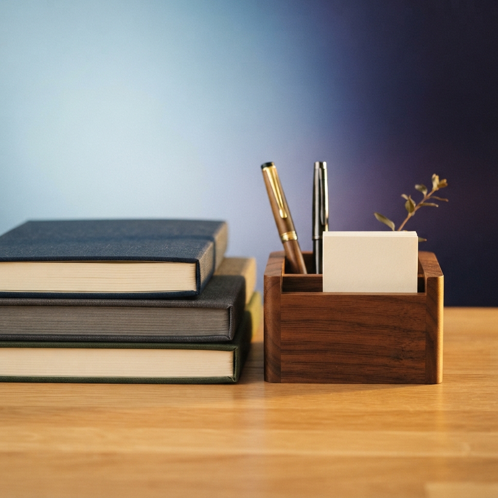 Organized workspace accessories on a clean desk