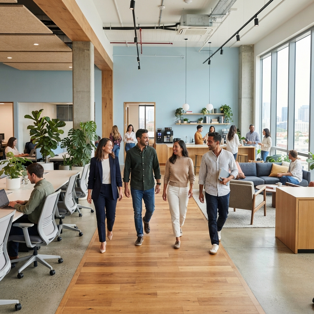 A team walking together in a modern open office space