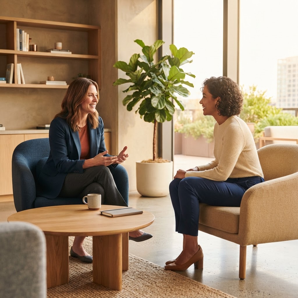 Two colleagues having a relaxed and productive conversation in an office