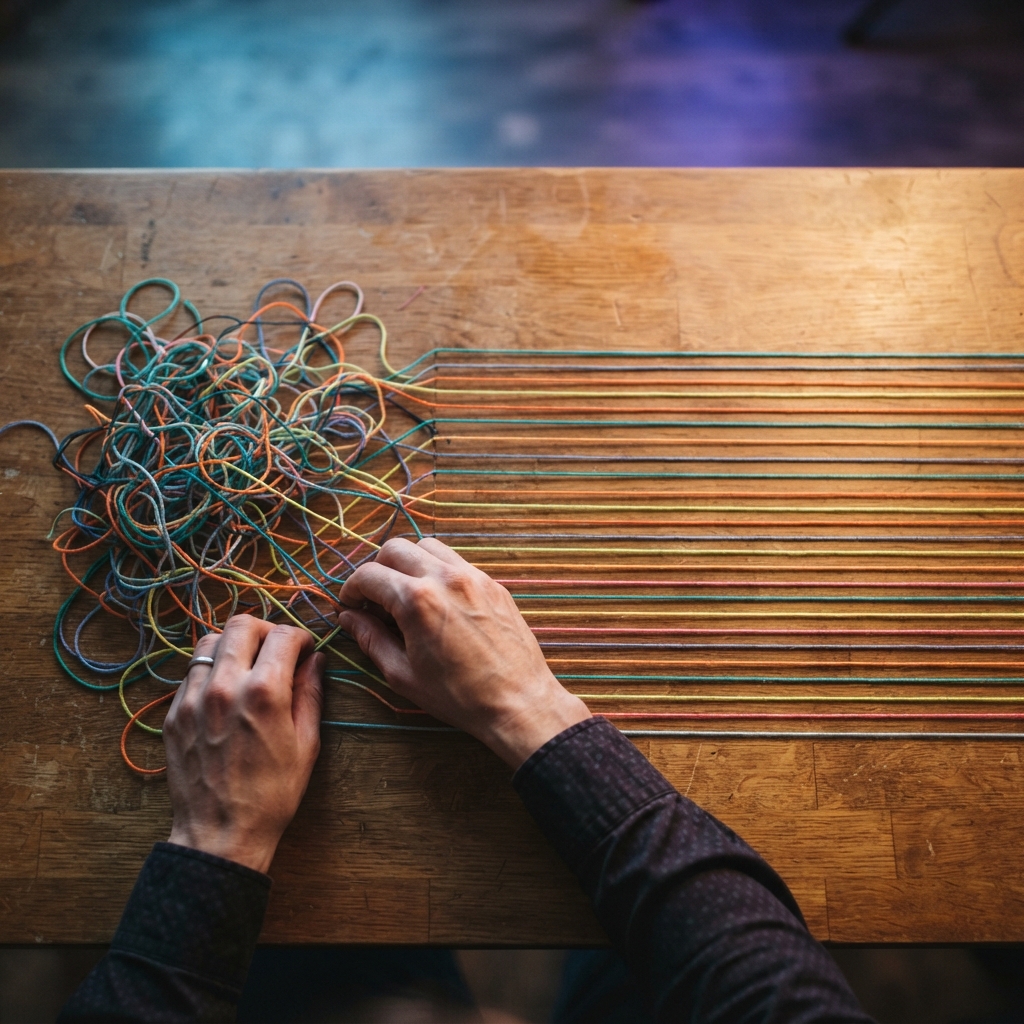 Hands organizing tangled threads into neat parallel lines