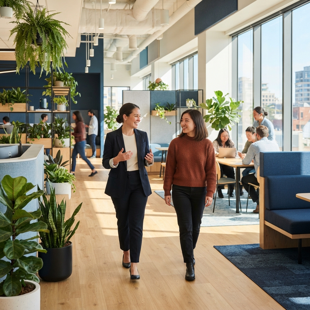 An operations lead walking through a bright office space chatting with a colleague