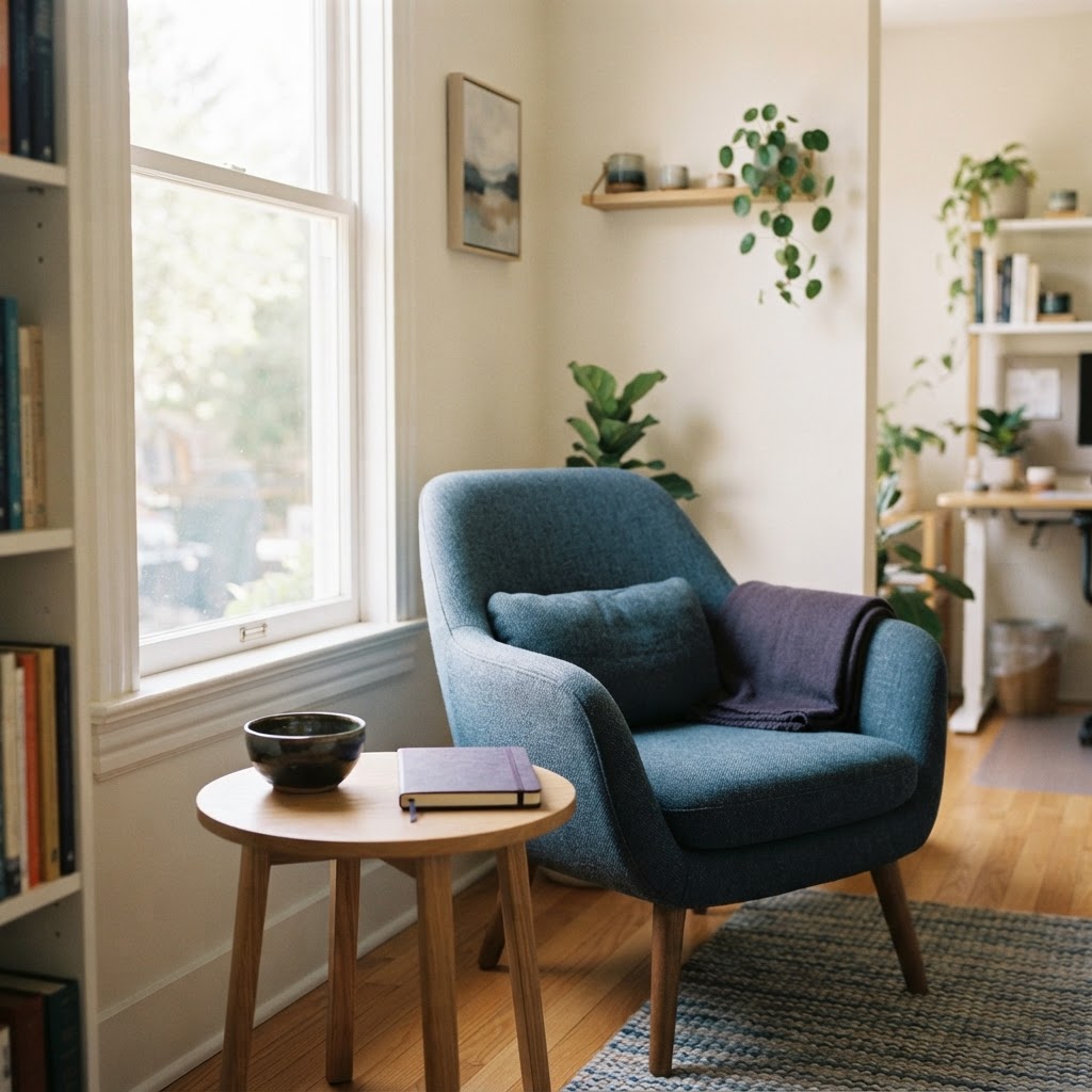 A calm and organized quiet corner in a modern office