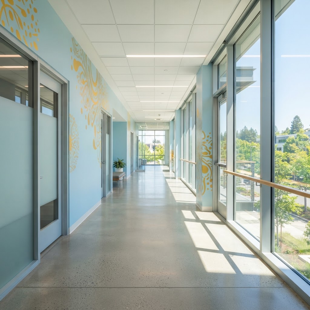 A bright and clear office hallway indicating forward progress