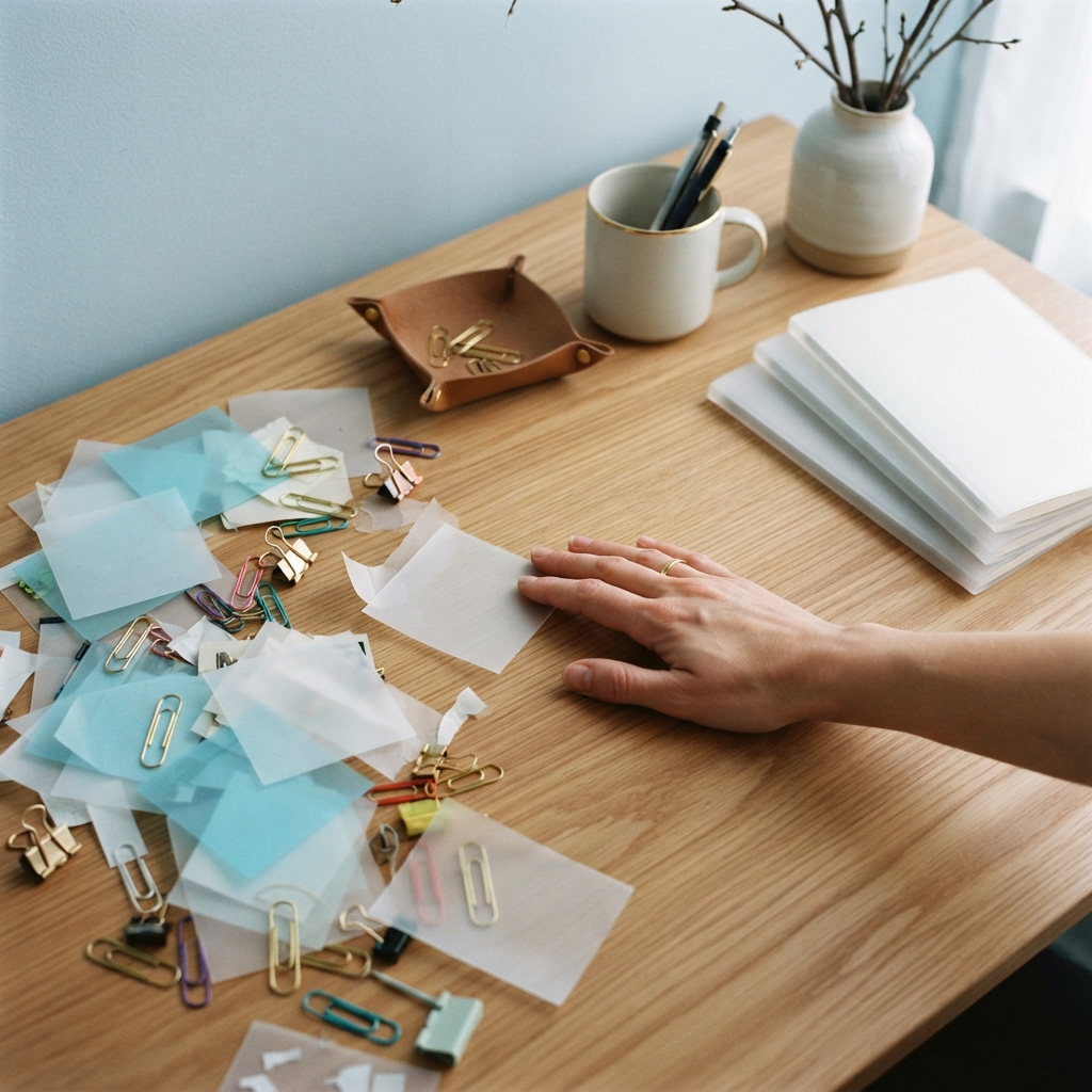 Organizing a messy desk to create a clear workspace