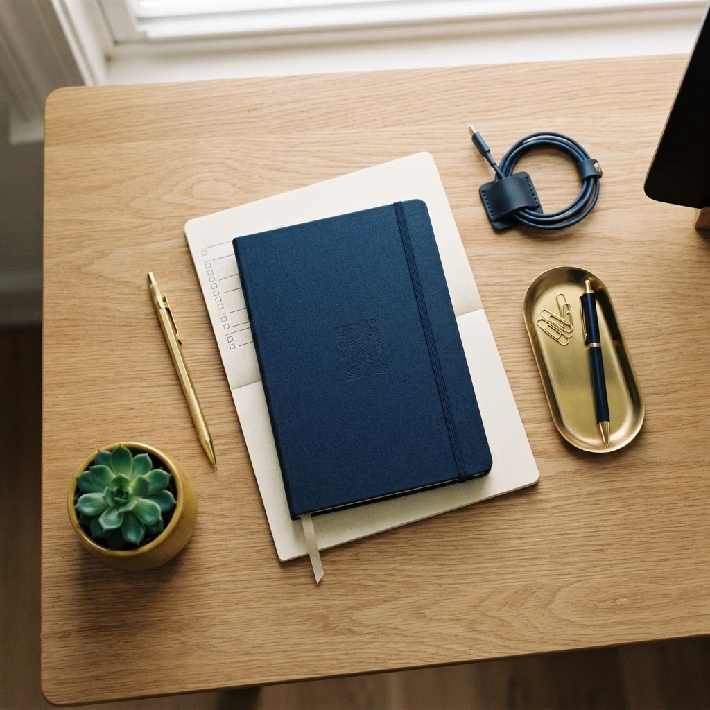 Clean organized desk surface with stationery and plants