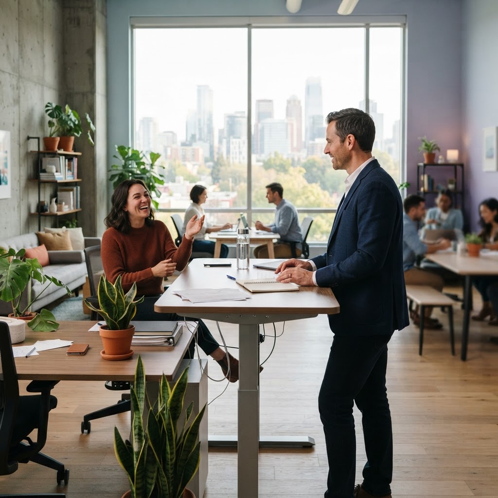 Operations manager in a relaxed office conversation
