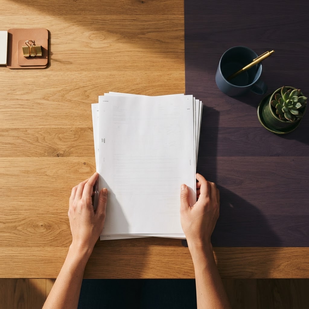Organizing physical documents on a clean wooden desk